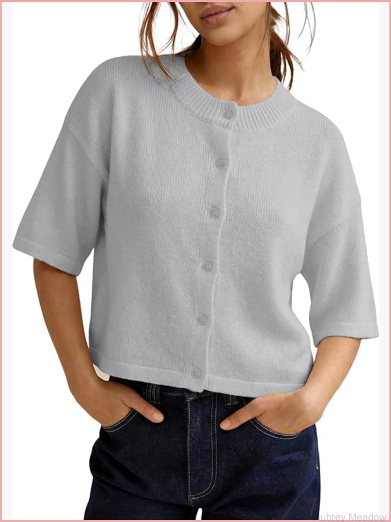 Cropped Lightweight Crewneck Summer Cardigan Button Down Knit Tops